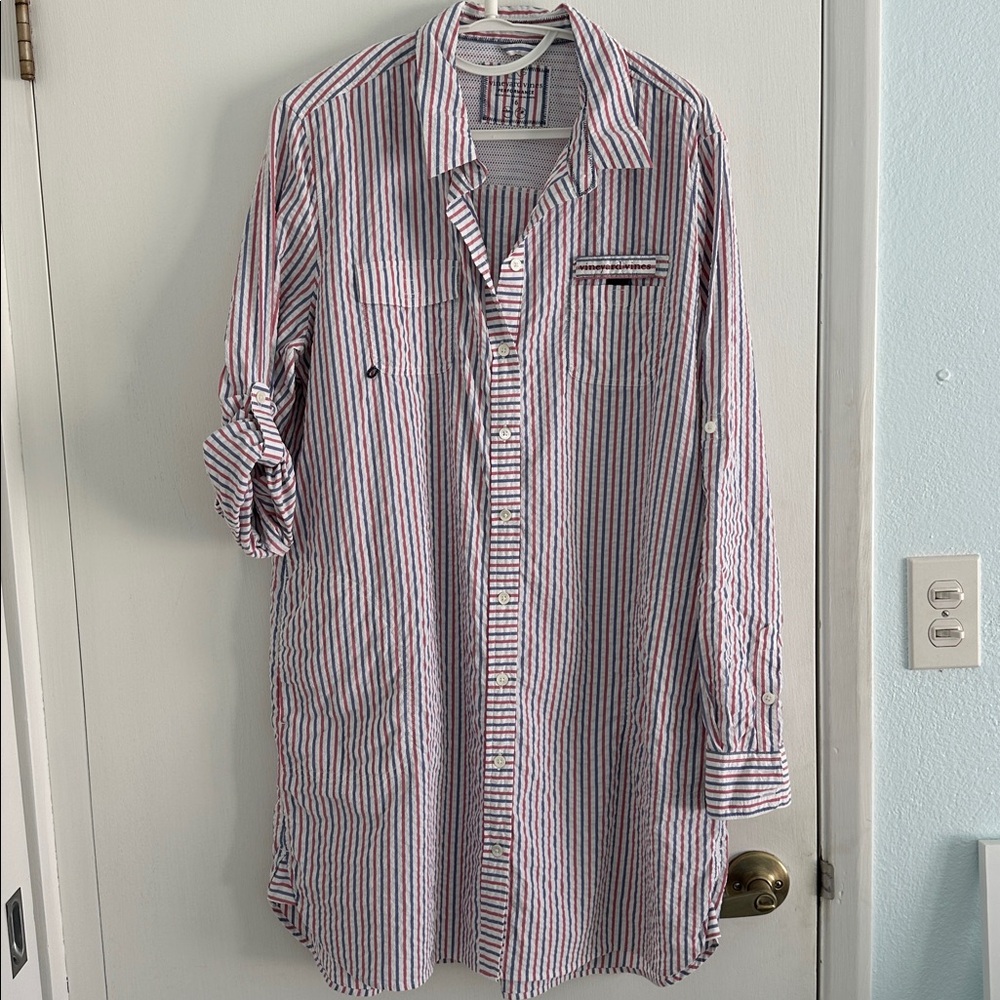 VINEYARD VINES HARTLEY HARBOR Performance red, blue stripes cover-up EUC size 16